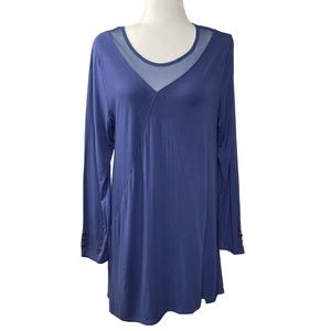 Women's Top L/XL Simply Noelle 12-14 Blue Scoop Neck Mesh Sheer Neck Tunic